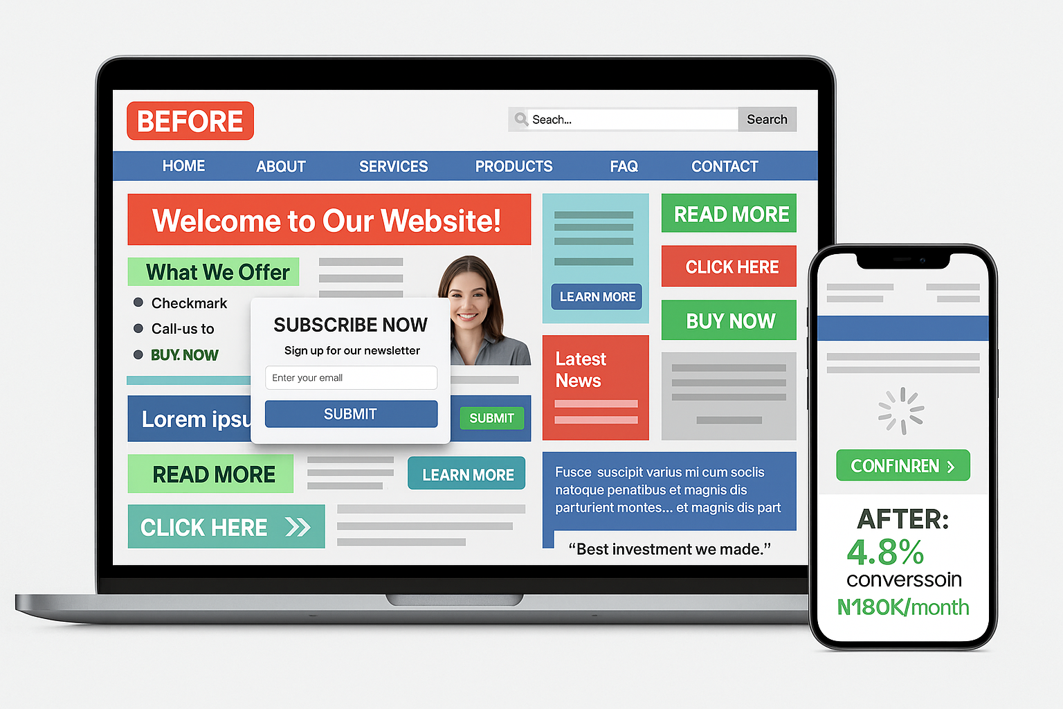 Cluttered website before redesign
